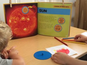 A 2 year old looks on as a 5 year old copies an image of the sun.